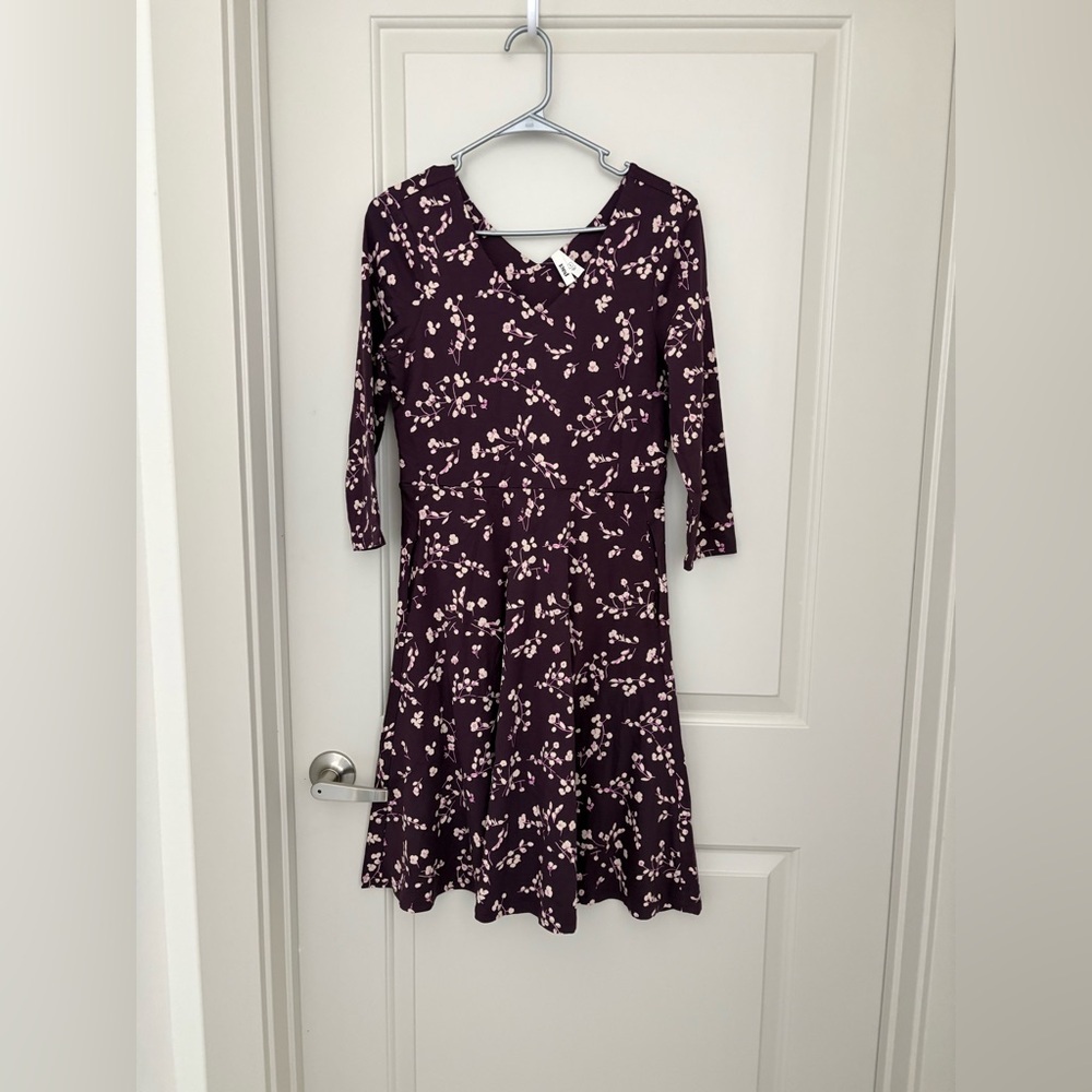 Pact Floral V-Neck Fit & Flare Dress in Plum Floral Print NWOT Size S